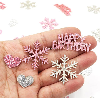 Pink Silver Snowflake Happy Birthday Confetti for Table – 200PC Glitter Snowflakes Table Confetti for Girl Winter Wonderland Birthday Party Decorations