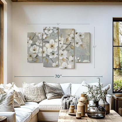 Elephant Stock Golden Garden Wall Art - Horizontal Canvas - 4-Piece Living Room Wall Decor - Leaves Painting Canvas Print - Gray and Beige Decor for Wall by Nan - 52" X 32"