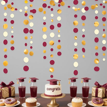 46 Ft Maroon Gold Party Decorations Burgundy Gold Beige Polka Dot Garland Hanging Paper Circle Dots Streamer for Maroon Garnet Graduation Birthday Anniversary Wedding Bridal Shower Party Supplies