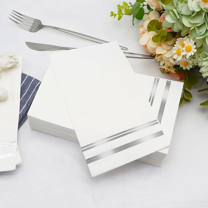 100 Pcs White and Silver Napkins - Silver Paper Napkins Disposable - Premium Quality Silver Dinner Napkins for Bathroom Kitchen Wedding Birthday Anniversary Party