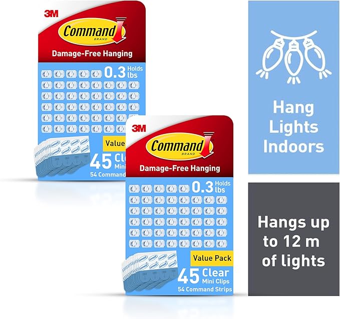 Command Indoor Mini Light Clips, Damage Free Hanging Christmas Light Clips, Mini Wall Clips for Hanging Indoor Christmas Decorations, Lights and Cables, 90 Clear Clips and 108 Strips