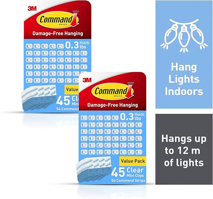 Command Indoor Mini Light Clips, Damage Free Hanging Christmas Light Clips, Mini Wall Clips for Hanging Indoor Christmas Decorations, Lights and Cables, 90 Clear Clips and 108 Strips