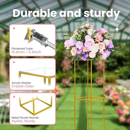YALLOVE 10 Pcs 31.5 Inch Metal Flower Stand, Gold Centerpieces Vases Stand With Clear Acrylic Sheets, Geometric Display Rack for Wedding Party Decorations