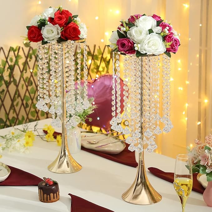 21.88in Gold Wedding Centerpieces for Tables, 2pcs Wedding Flower Stand with Crystal Bead, Metal Tall Vases for Centerpieces Birthday Party Event Decoration