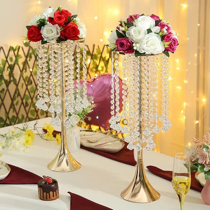 21.88in Gold Wedding Centerpieces for Tables, 2pcs Wedding Flower Stand with Crystal Bead, Metal Tall Vases for Centerpieces Birthday Party Event Decoration