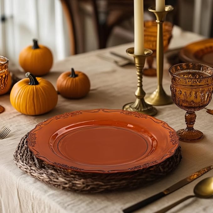 U-QE 100PCS Amber Plastic Plates - Clear Brown Plastic Plates Disposable Heavy Duty - Disposable Plates for Party Including 50PCS 10'' Dinner & 50PCS 7.5'' Dessert Plate