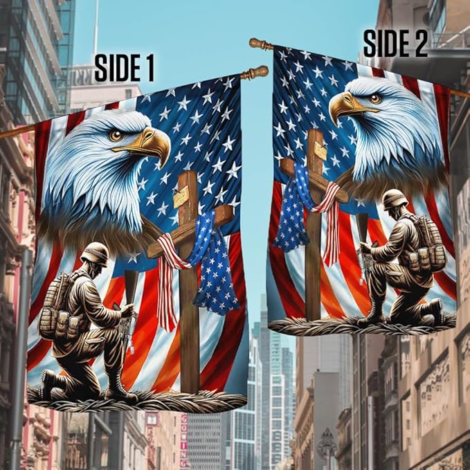 American Flag-Patriotic Eagle Veteran Kneeling Soldier Christ Cross Memorial Day American Flag MLN2793F, 3x5 ft. Flag-USA Flags Premium Polyester-Decorative Indoor Outdoor Flag