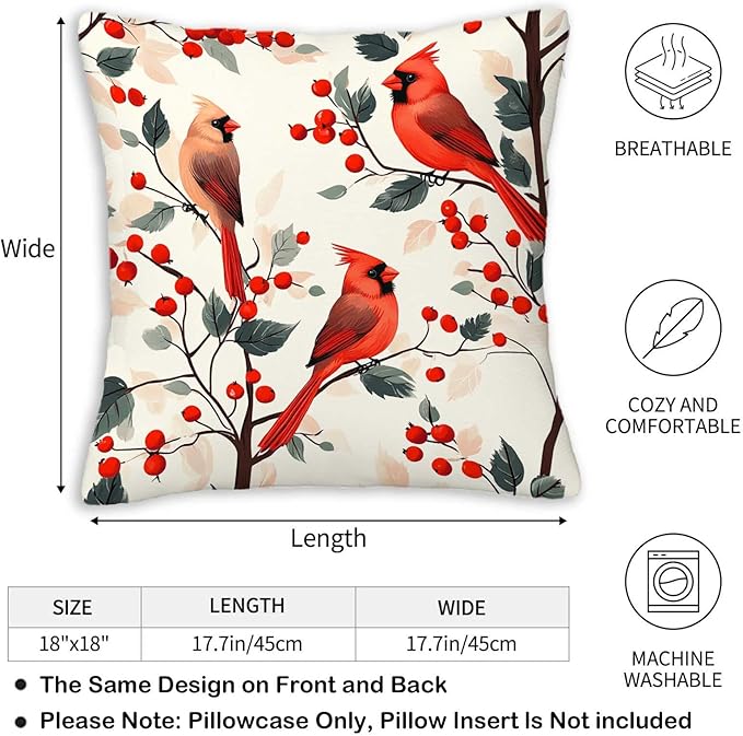 Red Cardinal Bird Throw Pillow Covers 18x18 Set of 2, Home Decorative Cushion Cases for Couch, Sofa, Bed and Living Room, Berry Decor Pillowcases for Spring, Summer, Autumn and Winter