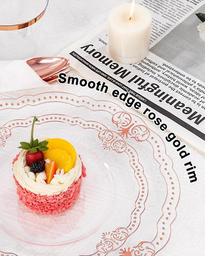 Ciaell 350 PCS Rose Gold Plastic Plates - Rose Gold Disposable Plates Dinnerware Include 50 Disposable Plate, 50 Heavy Duty Silverware, 50 Cups, 50 Napkins for Wedding & Party & Anniversary