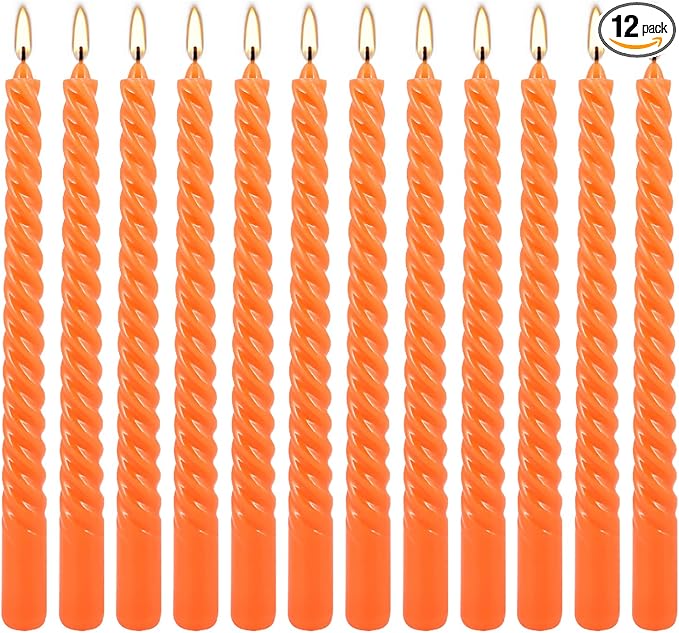 12Pack 10 Inch Orange Spiral Taper Candles，Unscented and Long Burning Dripless Twisted Candlesticks for Home Fall Decor,Halloween,Wedding, Birthday, Christmas