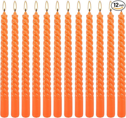 12Pack 10 Inch Orange Spiral Taper Candles，Unscented and Long Burning Dripless Twisted Candlesticks for Home Fall Decor,Halloween,Wedding, Birthday, Christmas