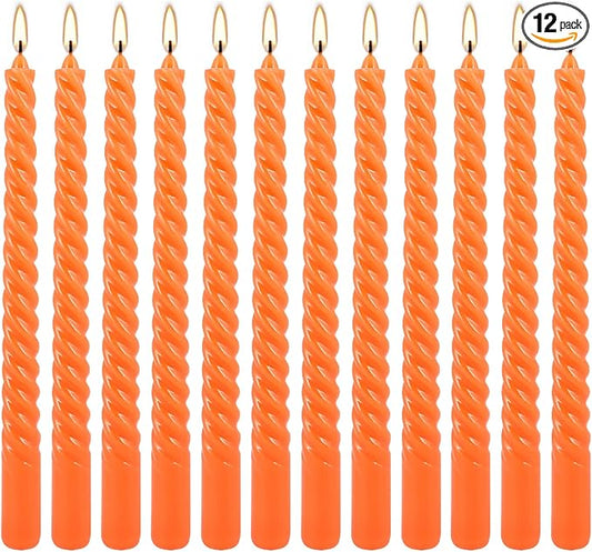 12Pack 10 Inch Orange Spiral Taper Candles，Unscented and Long Burning Dripless Twisted Candlesticks for Home Fall Decor,Halloween,Wedding, Birthday, Christmas
