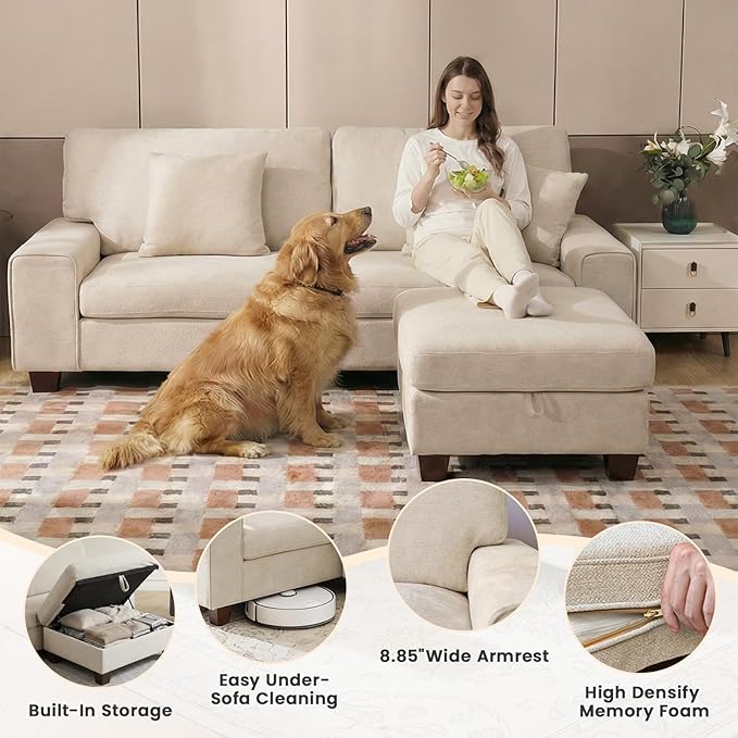 DOPEDIO L-Shaped Sectional Sofa with Storage Ottoman, Modern Chenille Recliner Loveseat, Removable Couch Covers, Pocket Spring Cushions, Solid Wood Frame, Easy to Install (88.58inch, Beige)