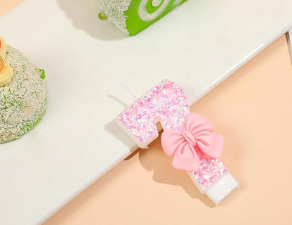 Number 7 Birthday Candle with Pink Sequins and Bowtie, Pink 7 Cake Topper Decoration for Girls Pastel Sweet Theme Birthday Party or Adults Milestone Age 7
