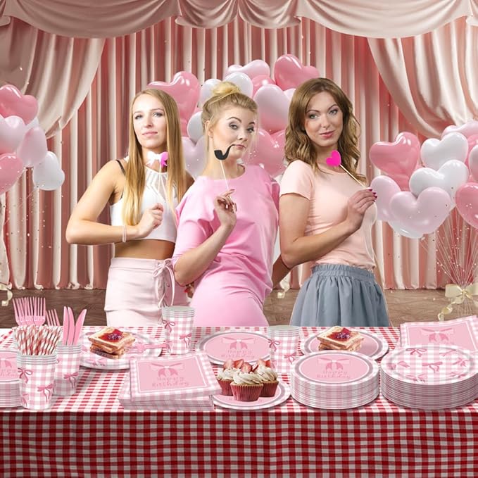 168Pcs Pink Bow Birthday Decorations Party Supplies Include Pink Bow Birthday Plates Napkins Cups Cutlery Straws Bow Theme Tableware Party Supplies for Girls Women, Serves 24