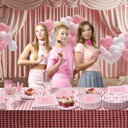 168Pcs Pink Bow Birthday Decorations Party Supplies Include Pink Bow Birthday Plates Napkins Cups Cutlery Straws Bow Theme Tableware Party Supplies for Girls Women, Serves 24