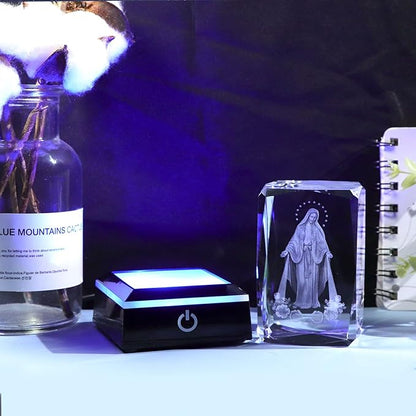 Movdyka 3D Crystal Virgin Mary Statue Religious Gifts for Women Men Christian Laser Engrave Religious Figurine Christmas Ornaments Decor with Colorful LED Base Catholic Gifts Women Friends Faith