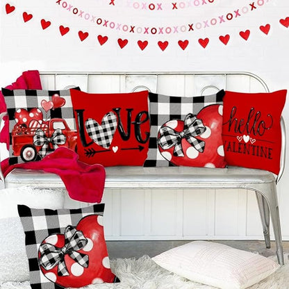 Buffalo Plaid Pillow Covers 18x18 Set of 4 Polka Dot Red Heart with Bow Love Truck Valentine Pillows Decorative Throw Pillows Valentines Day Decorations G169-18