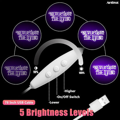 Never Trust The Living Neon Sign Mysterious Purple LED Light for Room Wall Decor Halloween Party Chamber of Secrets Man Cave Room Gothic Letters Neon