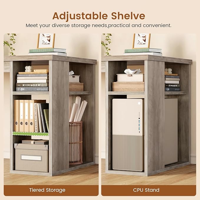 SEDETA Farmhouse 67" L Shaped Desk with 3 Drawers, Executive Desk, Home Office Desks with Storage Shelves, Corner Computer Desk with Power Outlets for Home Office, Grey
