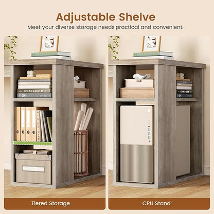 SEDETA Farmhouse 67" L Shaped Desk with 3 Drawers, Executive Desk, Home Office Desks with Storage Shelves, Corner Computer Desk with Power Outlets for Home Office, Grey