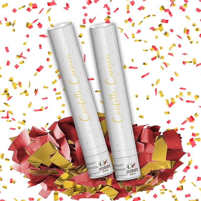 16" Red & Gold Confetti Cannons - Party Poppers for Wedding Birthday Graduation New Year Celebrations - Easy-to-Use - Pack of 2