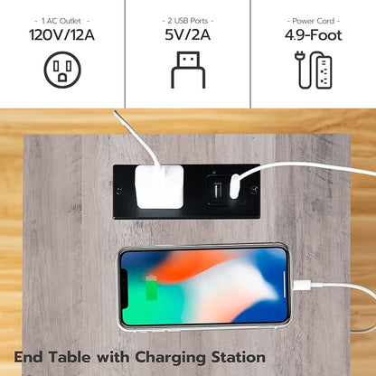 HOOBRO Side Table with Charging Station, End Table with USB Ports and Outlet, Nightstand with 2-Layer Storage Shelves for Small Spaces, Living Room, Bedroom, Stable Frame, Greige and Black BG09UBZ01