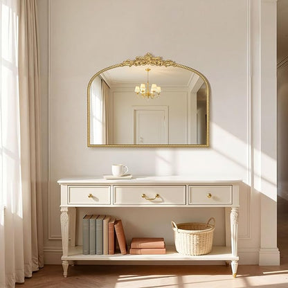 Gold Vintage Vanity Mirror 32x24 Inch, Shell Crown Ornate Beaded Frame Vanity Mirror, Antique Decorative Horizontal Mirror for Bathroom, Bedroom, Entryway, Fireplace Wall
