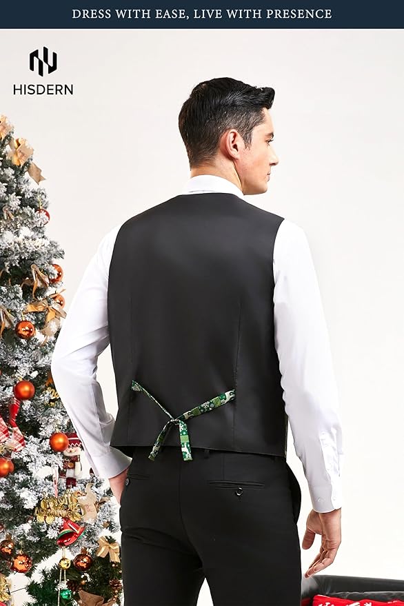 HISDERN Men's Suit Vest Christmas Holiday Season Party Jacquard Waistcoats Necktie Pocket Square Vest Suit Set