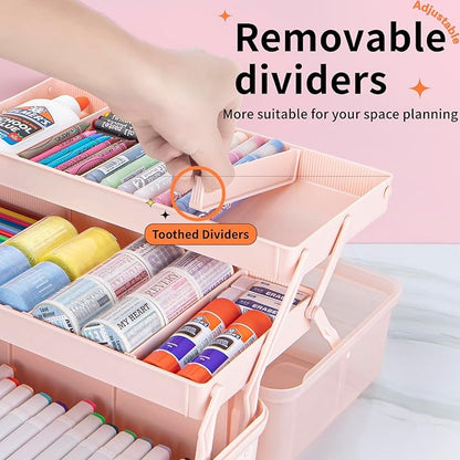 12.5in 3-Layer Multipurpose Craft Organizers and Storage with Adjustable Dividers, Portable Tackle Box, Folding Art & Craft Case for Medicine, Tool, Sewing Organizer (Pink)