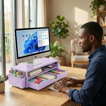 Desk Organizer and Accessories, 2-Tier Computer Monitor Stand Rise with Storage Drawer & 2 Pen Holders, Laptop & Printer Stand for Desktop, Workspace Organizers for Office Supplies (Purple)