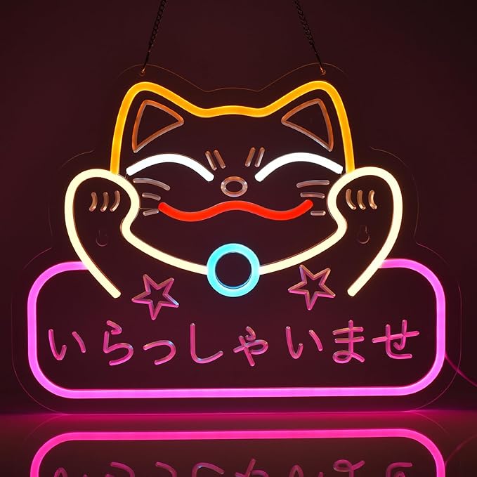 Japanese Welcome Neon Sign Fortune Cat Wall Decor Dimmable Led Neon Lights Japanese Style いらっしゃいませ Neon Billboard for Restaurant Shop Store Window USB Powered 16.1" x 12.6"