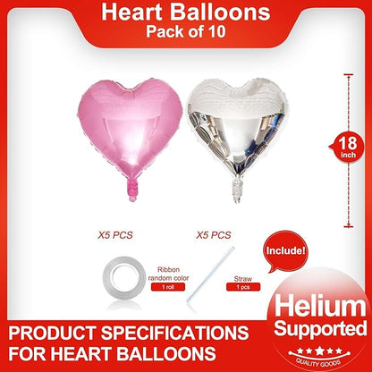 Pink Heart Shaped balloons Pack of 10, 18 Inch Love Valentine Balloons Silver Heart Romantic Balloons For Valentines Day Propose Marriage Wedding Bridal Shower Engagement Party Decorations