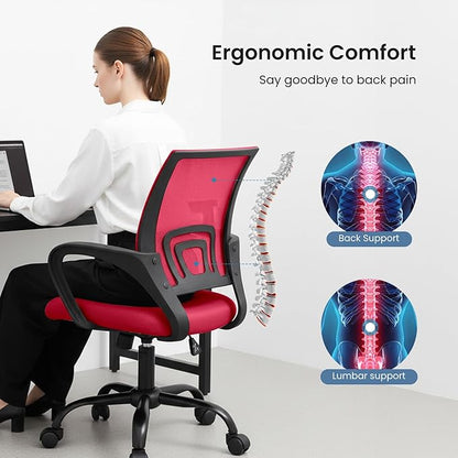 DUMOS Home Office Chair - Ergonomic Mid Back Mesh Desk Chair with Lumbar Support & Rocking Mode, Height Adjustable with Fixed Armrest, for Computer, Gaming, Meeting, Red, 2 Pack