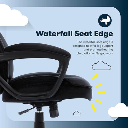 Serta Comfort Classic Executive Office Chair, Ergonomic Mid-Back Computer DeskChair with Lumbar Support, Semi-Plush Cushion and Body Pillows, Padded Armrests, Swivel Base, Black Velvet Fabric