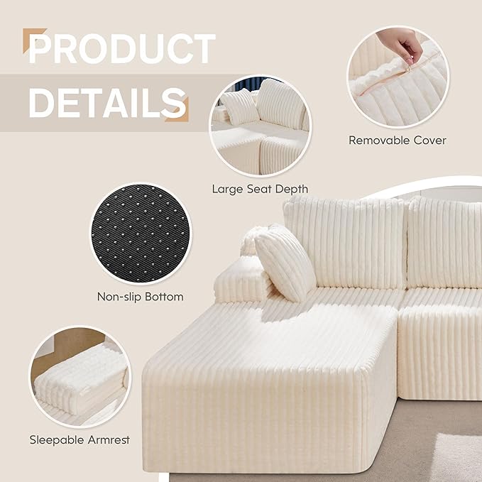 Hobestluk Modular Sectional Sofa Couches L-Shape Couch 3 Seat Modular Sofa Memory Foam Sectional Couches for Living Room, Cloud Couch with Oversized Chaise (108" Left Facing Chaise)