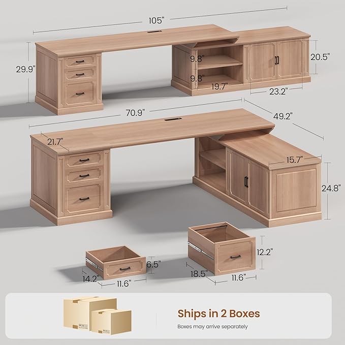 SEDETA Farmhouse L Shaped Desk with Drawers, 70.9" Home Office Desk with Storage Cabinet and Storage Shelves, L Shaped Computer Desk with Power Outlet，Oak