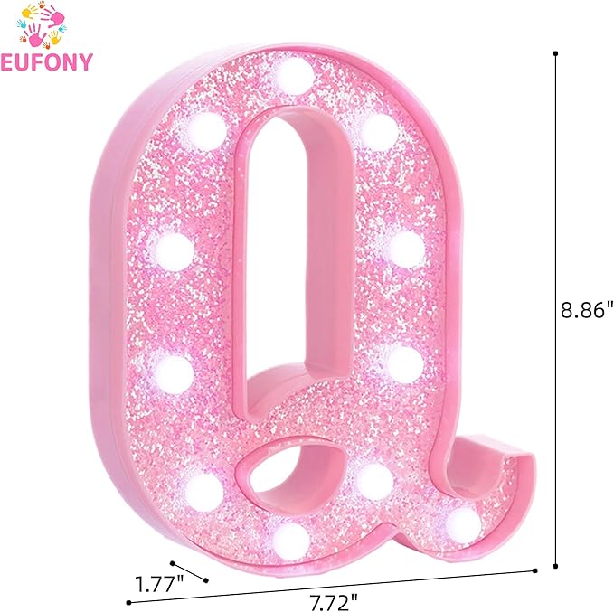 Pink LED Marquee Light Up Letters, Glitter Alphabet Letter Lights for Birthday Party Decorations, Battery Operated Letter Signs for Girls Room Table Decor, Pink letter Q with Cool White Lights
