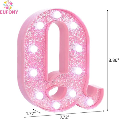 Pink LED Marquee Light Up Letters, Glitter Alphabet Letter Lights for Birthday Party Decorations, Battery Operated Letter Signs for Girls Room Table Decor, Pink letter Q with Cool White Lights