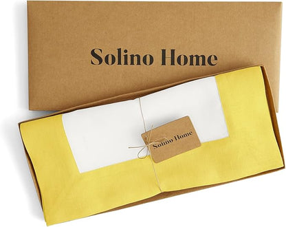 Solino Home Linen Table Runner 60 Inches - 100% Pure Linen Sunshine Yellow and White Table Runner 14 x 60 Inch Ideal for Dresser and Coffee Tables - Contempo