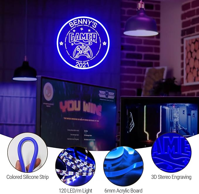 Personalized Game Room Neon Sign Custom Name Gamer Neon Light Wall Decor 3D Art Dimmable LED Game Controller Signs Light Gamer Gift for Men Teen Gaming Room Man Cave Bedroom Decor