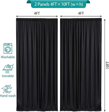 8 x 10ft Black Backdrop Curtains for Party Photo Background Curtains 2 Panels (10'L x 4'W Each) with Rod Pocket, Wrinkle-Free Polyester Cortinas Negras for Wedding Birthday Prom Halloween RIP Events