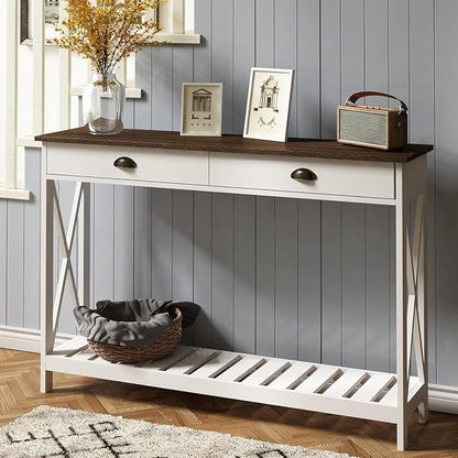 ChooChoo 47" Farmhouse Console Table with Drawer for Entryway, Narrow Long Entry Table with Shelf for Living Room, Rustic Vintage Hallway Sofa Table with Stable X Supports, White