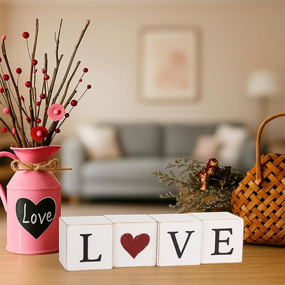 4pcs Reversible Valentines Day St. Patrick's Day Decorations Rustic Love Luck Wooden Blocks Tiered Tray Decor Love Sign Tabletop Centerpieces for Anniversary Home Mantle Shelf Party Supplies