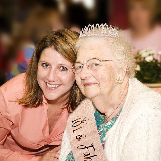 CIEHER 101th Birthday Decorations for Women: Crown, Sash, Pearl Pin - Fabulous 101st Birthday Tiara
