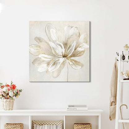 SEVEN WALL ARTS White Flower Wall Art Beige and Gold Blooming Flower Abstract Floral Artwork Print Poster for Living Room Bedroom Bathroom Home Office Wall Decor 24"x24"