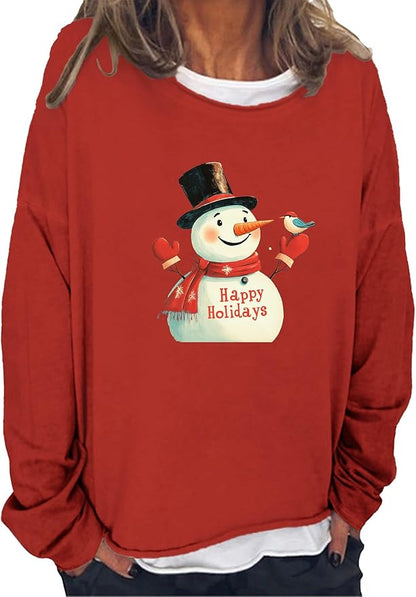 LOAIHA Christmas Shirts for Women Crewneck Snowman Snowflake Santa Graphic Shirts Christmas Tree Long Sleeve Xmas Hoodie