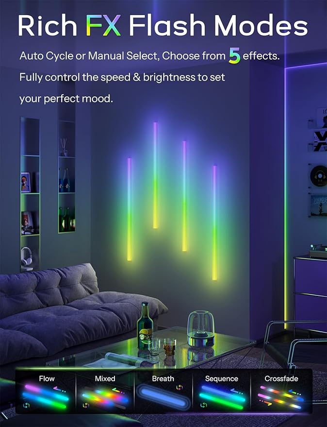 45.8 inch Battery Operated Wall Light Bar Rechargeable Wireless LED Wall Sconces, Remote Control Color Changing Music Sync Scene Modes for Game Room Bedroom Living Room TV Background
