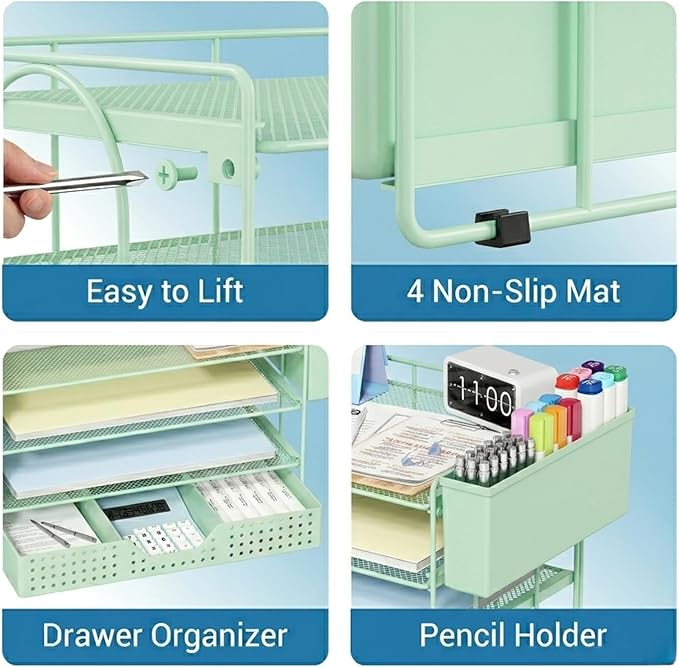 Desk Organizer, 4-Tier Paper Organizer Letter Tray with File Holder, Drawer and 2 Pen Holders, Desktop File Organizer for Office Supplies, Workspace Storage, Green