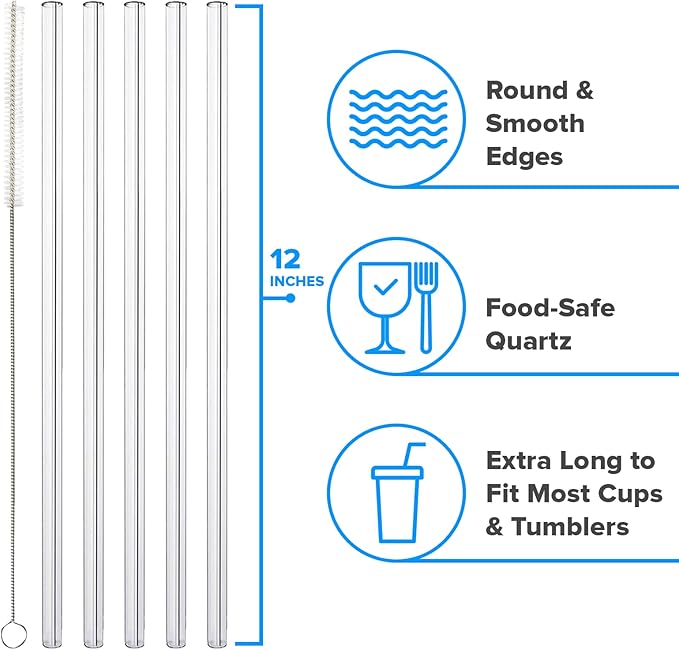 PhoneSoap Last Straw 12" Long Reusable Drinking Straws for Cold & Hot Drinks - Clear Quartz, Dishwasher Safe, Easy to Clean - 5 Pack With Cleaning Brush